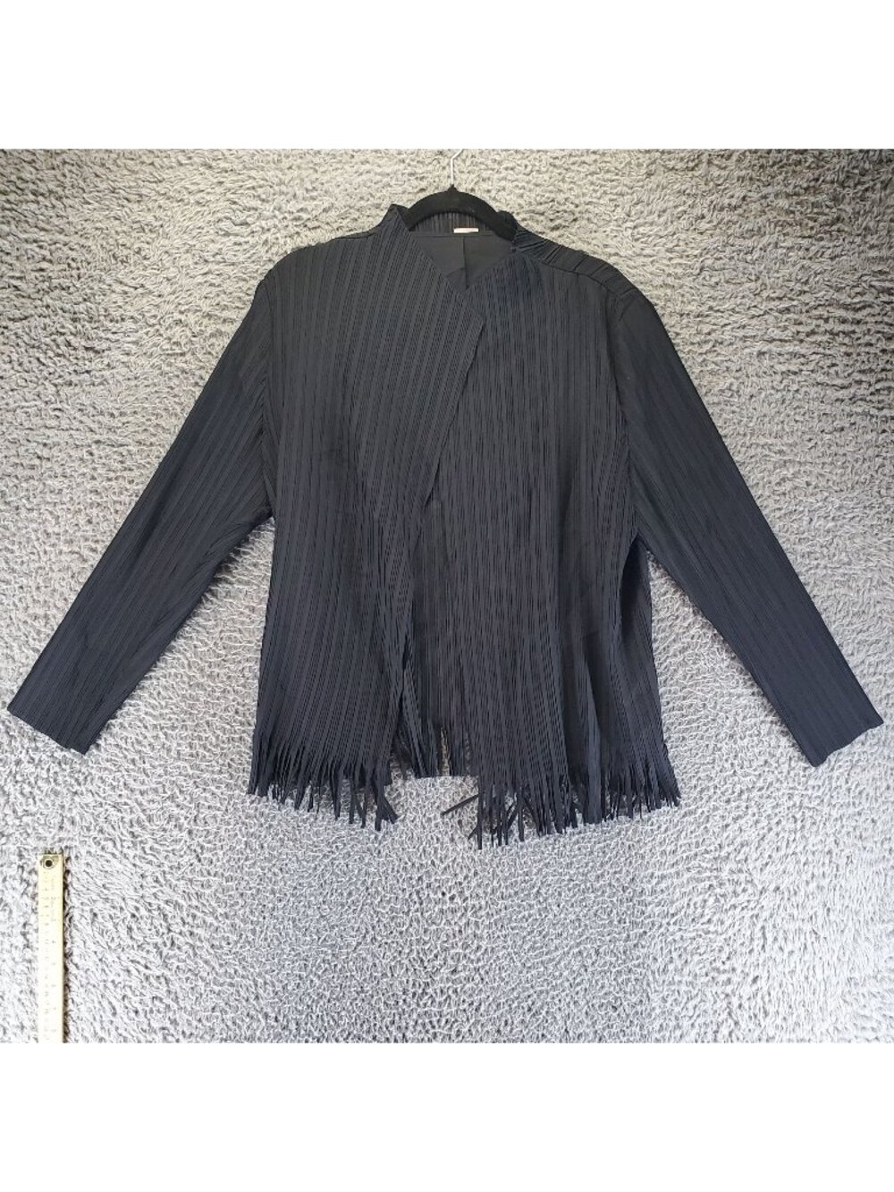 Chicos Jacket Womens Size 3 US 16/18 Black Fringe Pleated Travelers Open Front